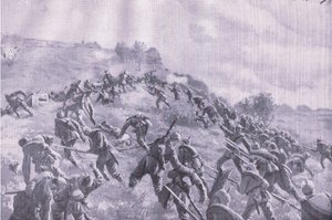 Die Rückeroberung von Szawle. Erstürmung des Hügels, aus Die illustrierte Geschichte des Weltkriegs 1914-1915, veröffentlicht von Union Berlagsefellfchaft