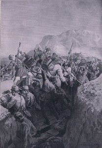 Erfolgloser Angriff der Italiener auf die Höhen von Doberdo, aus der Illustrierten Geschichte des Weltkriegs 1914-1915, veröffentlicht von Union Berlagsefellfchaft
