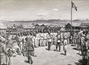 Sir Henry Morton Stanley spricht zu rebellischen Offizieren in Kavalli, 1890