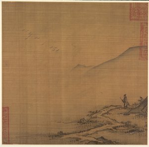Landschaft mit fliegenden Gänsen