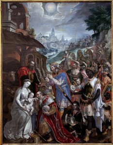 Anbetung der Heiligen Drei Könige. Über der Heiligen Familie und den Weisen der Stern des Hirten. Gemälde von Maaerten de Vos (Martin de Vos, Marten de Vos) (1532-1603), flämische Kunst des 16. Jahrhunderts. Museum der Schönen Künste von Valenciennes