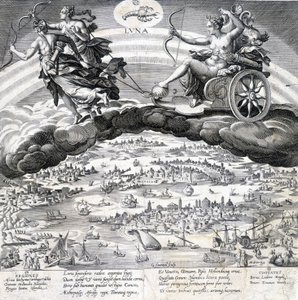 Luna: Allegorie des Mondes (Diana) und des Skorpions, der unter ihrem Einfluss steht (Sternzeichen) - Gravur von Maaerten de Vos (Martin de Vos, Marten de Vos) (1532-1603), n.d.