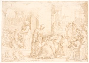 Philipp, Peter und Johannes verleihen den getauften Männern und Frauen in Samaria den Heiligen Geist durch Handauflegung von Maarten van Heemskerck