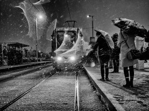 Straßenbahn im Schneefall von Maciej Przeklasa
