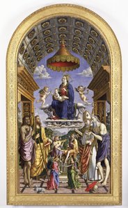 Madonna und Kind in Herrlichkeit, musizierende Engel und Heilige Johannes der Täufer, Jakobus, Ugo und Hieronymus, 1498 von Macrino dAlba