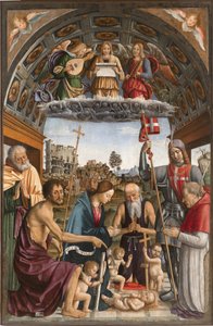 Madonna in Anbetung des Kindes mit Putti, die die Symbole der Passion tragen, musizierende Engel, Heilige Josef, Johannes der Täufer, Hieronymus, Solutor und der Stifter Amedeo von Romagnano, 1505 von Macrino dAlba