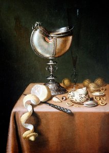 Ein Stillleben mit einer Nautilus-Tasse, einer geschälten Zitrone und Walnüssen von Maerten Boelema de Stomme