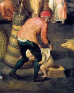 Flämisches Hausinterieur: Ein Mann hält einen kleinen Jungen auf dem Töpfchen von Maerten van Cleve