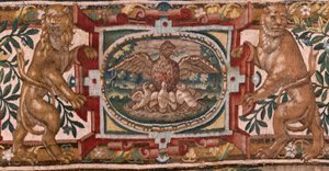 Flandrischer Wandteppich. Serie Geschichte von Gideon. Die Israeliten übergeben Gideon ihren Anteil an der Beute. Atelier François Geubels, Brüssel. Barock. 1534-1571. von Maerten van Heemskerck