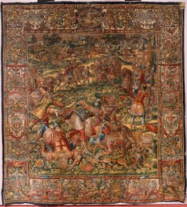 Diözesanmuseum. Flämischer Wandteppich. Brüssel. Atelier François Geubels. Serie Geschichte von Gideon. Die Niederlage der Midianiter. Seide und Wolle. Vermächtnis von Bischof Vicente Roca de la Serna. Barock. 1534-1571 von Maerten van Heemskerck