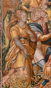 Diözesanmuseum. Flämischer Wandteppich. Brüssel. Atelier François Geubels. Serie Geschichte von Gideon. Die Israeliten übergeben Gideon ihren Anteil an der Beute. Seide und Wolle. Vermächtnis von Bischof von Maerten van Heemskerck