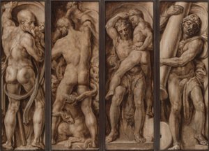 Saturn verschlingt ein Kind; Herkules tötet die Hydra; Herkules hebt Antäus; Herkules errichtet die Säulen von Calpe und Abyla von Maerten van Heemskerck