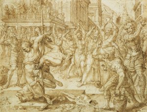 Die Steinigung der Ältesten, aus der Geschichte von Susanna, 1562 von Maerten van Heemskerck