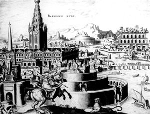 Die Mauern von Babylon, Tafel 7 aus Die Acht Weltwunder, graviert von Philips Galle