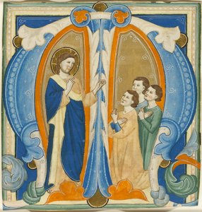 Christus segnet drei junge Männer, Initiale M aus einem Graduale