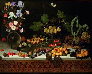 Blumen und Früchte auf einem Tisch, ca. 1600 von Maestro di Hartford