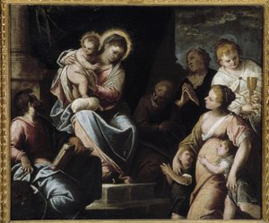 Die Jungfrau mit dem Kind umgeben von theologischen Tugenden Allegorie des Glaubens, der Hoffnung und der Nächstenliebe von Maffeo da Verona