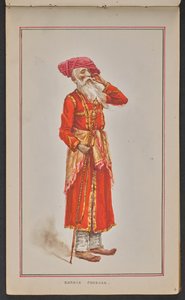 Älterer Hofbeamter des Kolhapur-Durbars, gekleidet in einem roten Mantel und einem rosa Turban