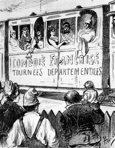 Die Besetzung der Comédie Française auf Tournee in Frankreich in einem Sonderzug, macht Halt, um den Landbewohnern einen Einblick ins Theater zu geben, 2. Hälfte des 19. Jahrhunderts