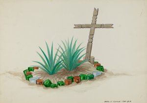 Kindergrab mit Holzkreuz - Flaschendekorationen, ca. 1937