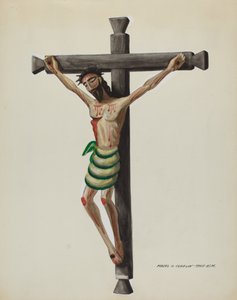 Cristo, geschnitzt und bemalt, auf schwarzem geschnitztem Holzkreuz