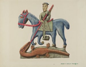 Sankt Georg und der Drache, aus einem Plankenabschnitt geschnitzt - bemalt, ca. 1938 von Majel G. Claflin