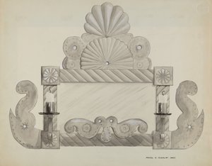 Zinnspiegelrahmen mit 2 Kerzenhaltern, ca. 1937 von Majel G. Claflin