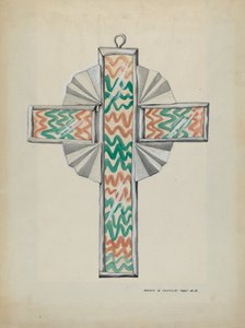 Zinn- und bemaltes Glas-Kreuz, ca. 1937
