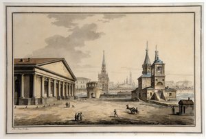 Blick auf das Manege, den Kutafya-Turm und die Kirche des Heiligen Nikolaus in Moskau