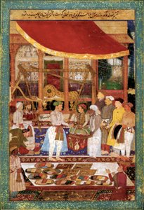 Kaiser Jahangir wiegt Prinz Khurram in Gold, ca. 1610-1615 (Miniatur) von Manohar Manohar