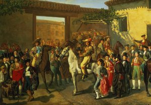 Pferde in einem Hof vor der Stierkampfarena, Madrid, 1853 (Detail) von Manuel Castellano