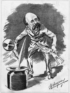 Edmond Gondinet (1828-1888) französischer Dramatiker. Karikatur von dem Karikaturisten Manuel Luque. In „Der Karikatur“ von 1886