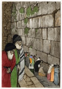 Juden vor der Klagemauer, dem einzigen Überrest des von König Salomo im Jahr -950 erbauten Tempels von Jerusalem. Gravur von Manuel Orazzi (1860-1934), in „L