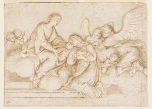 Entwurf für ein monochromes Wandgemälde, Kirche Corpus Domini, Bologna, Italien, St. Caterina Vigri empfängt das Kind von der Jungfrau von Marc Antonio Franceschini