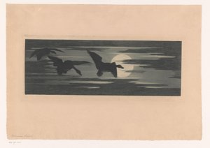 Drei Enten fliegen entlang des Sonnenuntergangs von Marc Henry Meunier (attributed to)