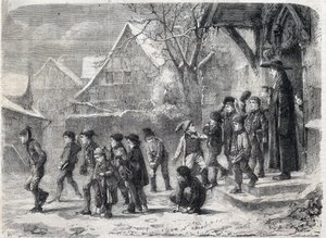 Schulausgang im Winter. Gravur nach einem Gemälde von M. B. Vautier in „The Illustrious Universe“ von Marc Louis Benjamin (after) Vautier