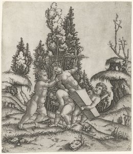 Amor und zwei Putti oder Kinder tragen eine Statue von Putti mit geflügeltem Anker auf einem Sockel von Marcantonio Raimondi