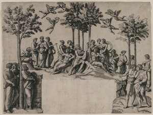 Apollo auf dem Parnass von Marcantonio Raimondi