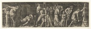 Bacchanal mit einem betrunkenen Bacchus, Satyrn und Mänaden von Marcantonio Raimondi