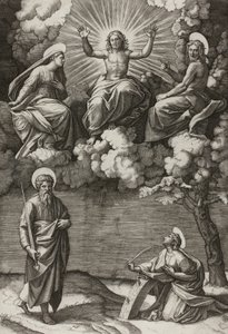 Christus, die Jungfrau und Johannes der Täufer mit den Heiligen Paulus und Katharina von Marcantonio Raimondi
