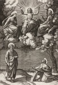 Christus, die Jungfrau und Johannes der Täufer mit den Heiligen Paulus und Katharina von Marcantonio Raimondi