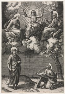 Christus, die Jungfrau und Johannes der Täufer mit den Heiligen Paulus und Katharina von Marcantonio Raimondi