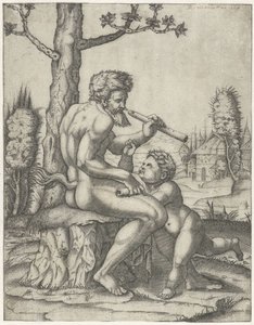 Faun mit Flöte spielt mit Kind von Marcantonio Raimondi