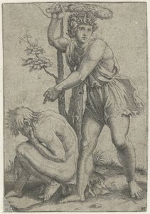 Hockender nackter Mann, geschlagen von einem Mann mit Fuchsschwanz von Marcantonio Raimondi