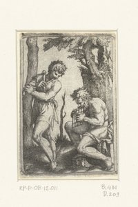Junger Hirte mit Schalmei und alter Hirte mit Panflöte von Marcantonio Raimondi