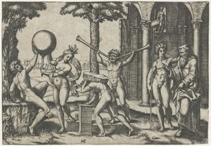 Mann mit zwei Trompeten und Mann mit Stein auf dem Rücken flankiert von Mann und Frau mit Globus und alter und junger Mann