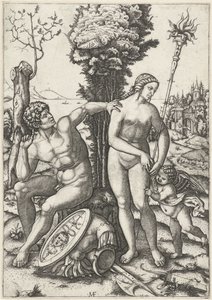 Mars und Venus als Liebespaar mit Amor von Marcantonio Raimondi