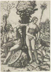 Mars und Venus als Liebespaar mit Amor von Marcantonio Raimondi
