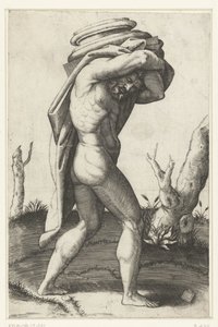 Nackter Mann trägt Basis einer Säule auf seinem Rücken von Marcantonio Raimondi