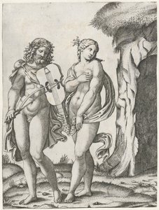 Orpheus spielt auf der Viola, bevor Eurydike in die Unterwelt geht von Marcantonio Raimondi